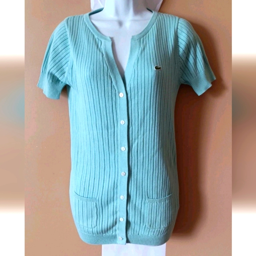 LACOSTE Size M Light Mint Green Cotton Cardigan Sweater